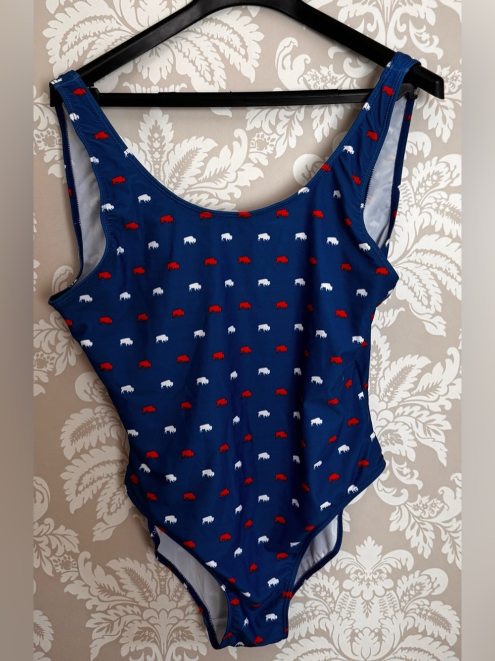 Navy One-Piece Swimsuit with Red & White Buffalo Print